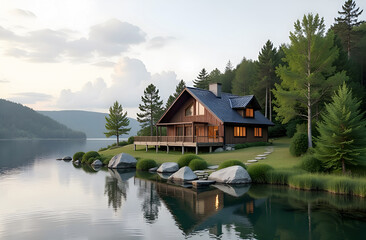 Obraz premium house on the bank of a wide river