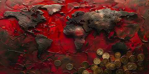 Mapa mundial representando una crisis econ&oacute;mica con monedas y tonos negros y rojos