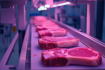 Pieces of lab-grown meat moving along a conveyor belt in a high-tech laboratory, illuminated by purple light