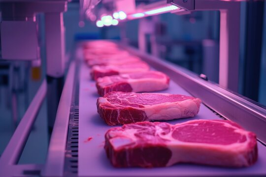 Pieces of lab-grown meat moving along a conveyor belt in a high-tech laboratory, illuminated by purple light
