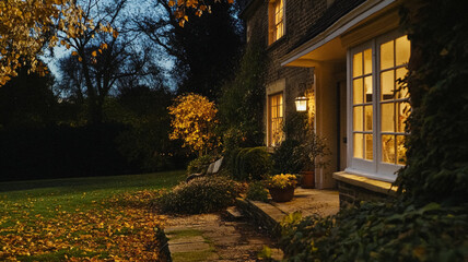 Country house cottage in the English countryside style in autumn, old village architecture, autumnal garden nature, night