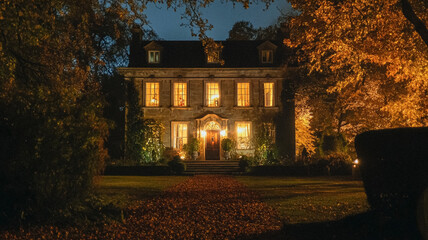Country house cottage in the English countryside style in autumn, old village architecture, autumnal garden nature, night © Anneleven