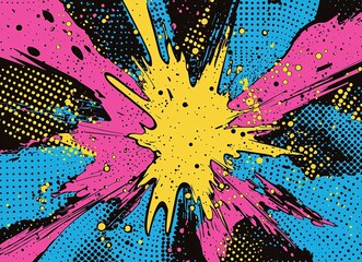 Energetic paint splashes vibrant pink, yellow, blue and black exploding in dynamic radial pattern from center on striped background. Perfect for urban designs, pop art posters and backgrounds.