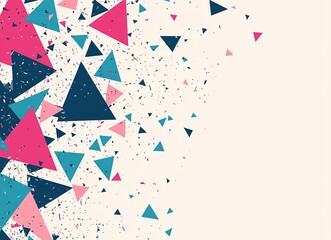 Colorful geometric triangles scattered on light background creating dynamic abstract pattern. Perfect for modern designs, posters or digital graphics.
