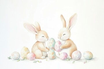 Obraz premium Watercolor illustration of two cute bunnies playing with pastel colored easter eggs and leaves on white background