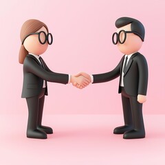 Fototapeta premium Two cartoon figures in business suits shake hands against a pink background, symbolizing professionalism and cooperation.