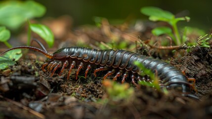 Fototapeta premium A close-up shot of a black and red centipede crawling through the forest floor. The centipede's many legs are visible, and its segmented body is highlighted by the green foliage.