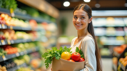 Young woman shopping fruits, vegetables and greens in supermarket