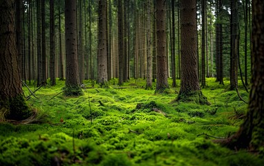 Obraz premium Elvish pine and fir forest with green moss covering