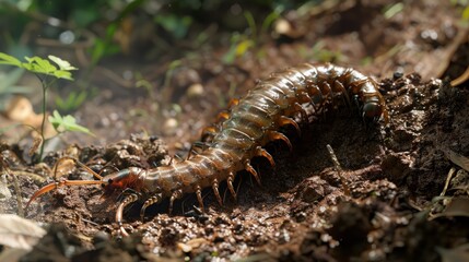 Obraz premium A close-up shot of a large, segmented centipede crawling across damp soil. Its many legs and shiny exoskeleton are clearly visible.