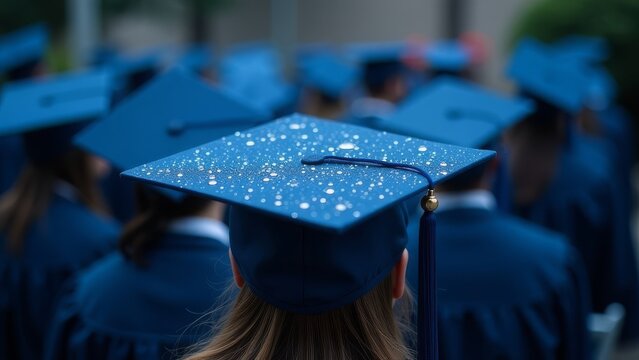Graduation ceremony with blue caps and gowns under rainy sky