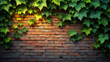 Ivy leaves climbing a rustic brick wall