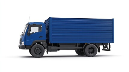 A blue cargo truck in profile on a white background, perfect for advertisements in logistics, shipping, and freight services.