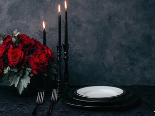 Gothicinspired Halloween dining room with elegant black lace tablecloth, candelabras, and dark floral centerpieces, elegant Halloween dining setup, spooky chic