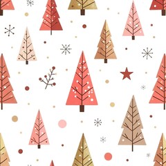 A seamless pattern with various stylized Christmas trees of pink, brown, and gold. The background is white with scattered snowflakes and other decorative elements. simple geometric shapes