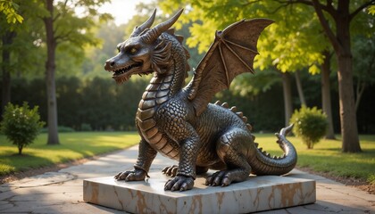 Fototapeta premium Dragon Statue in Park with Green Tree Background