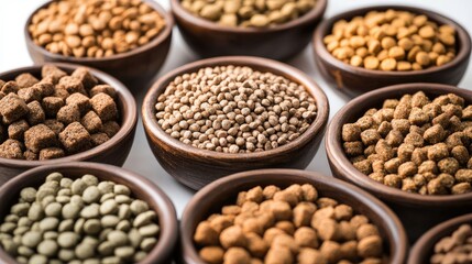 Fototapeta premium A close-up of various types of animal feed--grains, pellets, and hay--arranged in small bowls on a clean white background, highlighting nutrition options for livestock.