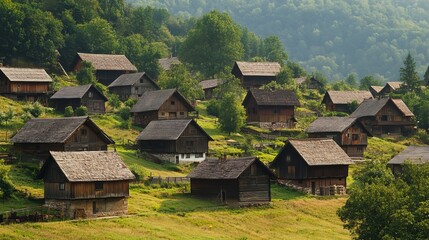 Obraz premium Almost all the buildings in the settlement are made of wood, and the houses themselves are furnished very modestly, which may indicate low financial well-being 