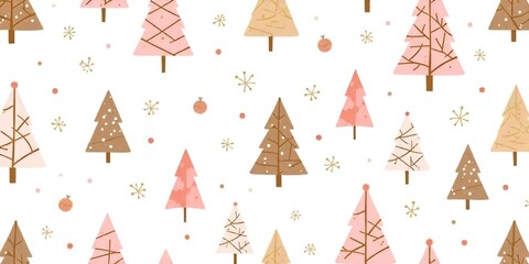 A seamless pattern with various stylized Christmas trees of pink, brown, and gold. The background is white with scattered snowflakes and other decorative elements. simple geometric shapes