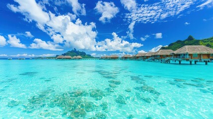 Fototapeta premium A stunning view of Bora Bora with overwater bungalows and crystal-clear turquoise water, exotic setting with vibrant colors, Tropical style