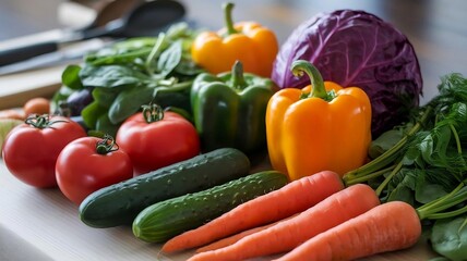 A vibrant display of fresh organic vegetables including tomatoes, cucumbers, bell peppers, and carrots on a wooden cutting board in a kitchen setting.
