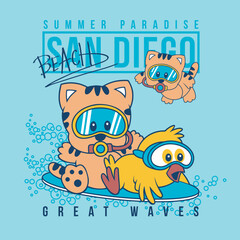 Cat and duck playing surfing together ,animal cartoon vector illustration