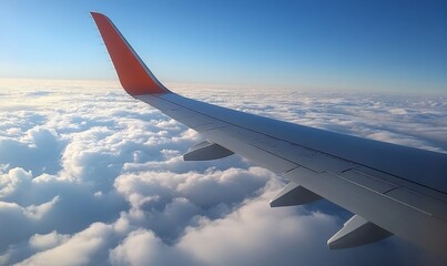 Obraz premium view out of an airplane window showing an airplane wing, Generative AI