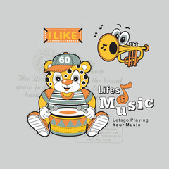 Cute leopard plays the melody of drum band music ,animal cartoon vector illustration