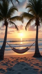 A peaceful beach scene with a hammock strung between palm trees as the sun sets on the horizon. The image captures tranquility, relaxation, and tropical vibes.