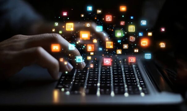 Business executive increases revenue streams by leveraging digital platforms and online monetization strategies, symbolized by glowing icons emerging from a laptop, Generative AI