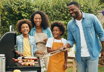 Family laughing and grilling meat and vegetable skewers outdoors in their backyard