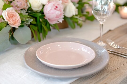 Charming dining setup with soft pink and gray tones, elegant tableware, and floral arrangements for a cozy gathering