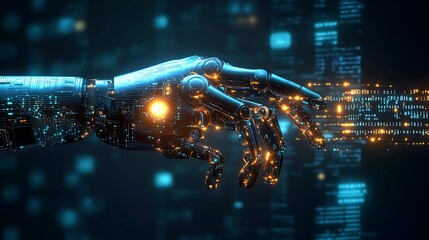 Futuristic robotic hand reaching towards digital data stream in a high-tech environment