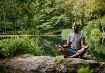 Obraz premium Senior african american man meditating on rock by lake in forest: finding peace in nature