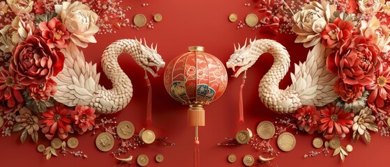 Fototapeta premium festive and celebratory graphic illustration for Chinese New Year 2025, featuring intertwined snakes encircling a traditional lantern . ai generated