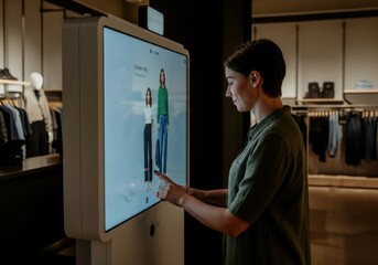 Shopper browsing virtual catalog on digital display, enjoying modern retail experience