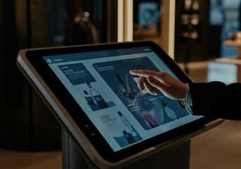 Businessman using interactive digital kiosk to browse products in a modern retail store, enhancing shopping experience