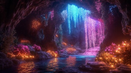 Fototapeta premium A mystical cave with a waterfall glowing with neon blue and purple light, surrounded by lush greenery and glowing orbs.