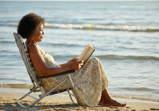 Senior woman enjoying her retirement, reading a book on a beach chair by the sea