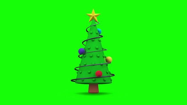 Abstract Cartoon 3D Christmas tree with ornaments rotating around on green screen background, Looping animation.