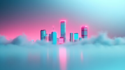 Fototapeta premium A bustling city skyline where neon signs bleed into the night sky, creating a surreal, ethereal atmosphere.
