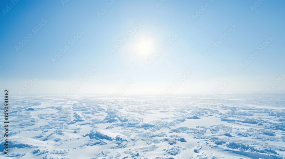 Poster a stunning view of the arctic ice cap with expansive ice fields and a bright, clear sky, polar setti