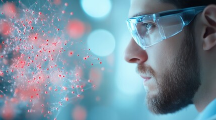 A scientist working with a complex simulation on a computer screen, analyzing particle interactions.