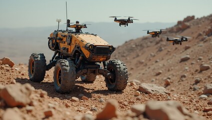 Futuristic exploration robot traversing rocky terrain deploying mapping drones