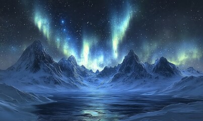 Fototapeta premium Stunning Arctic Landscape Under Mesmerizing Northern Lights with Snow-Covered Mountains and Starry Night Sky Digital Art, Generative AI