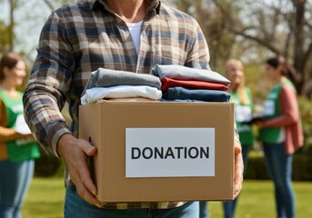 Volunteer carrying cardboard donation box with clothes, helping people in need with humanitarian aid