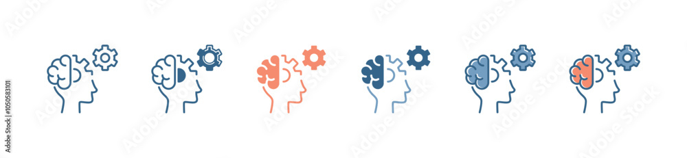 Poster head brain gear icon set business human think innovation management solution idea cogwheel signs vec