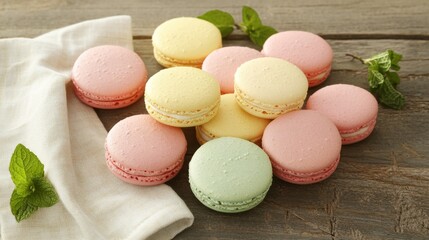 Obraz premium Colorful Macarons on Wooden Table with Mint Leaves