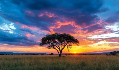 Obraz premium Majestic African Savanna Sunset with Dramatic Sky and Acacia Tree, Vibrant Colors, Tranquil Landscape, Nature's Serenity, Perfect for Travel and Nature Themes, Natural Beauty, Safari, Generative AI