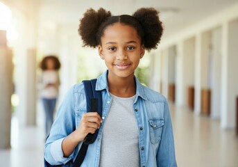 Happy elementary school student carrying backpack and smiling in school hallway